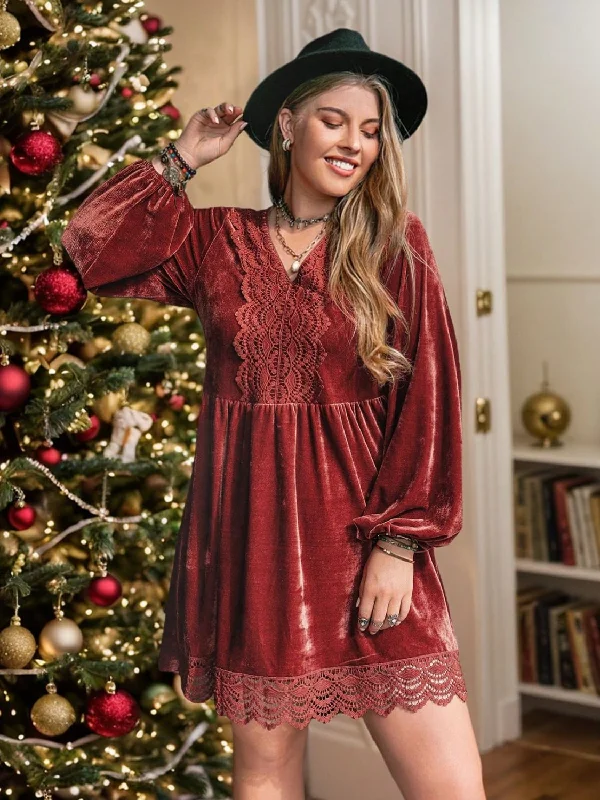 ladies-mini-dress-pastel-play-Plus Size Lace Detail V-Neck Long Sleeve Mini Dress in Rust