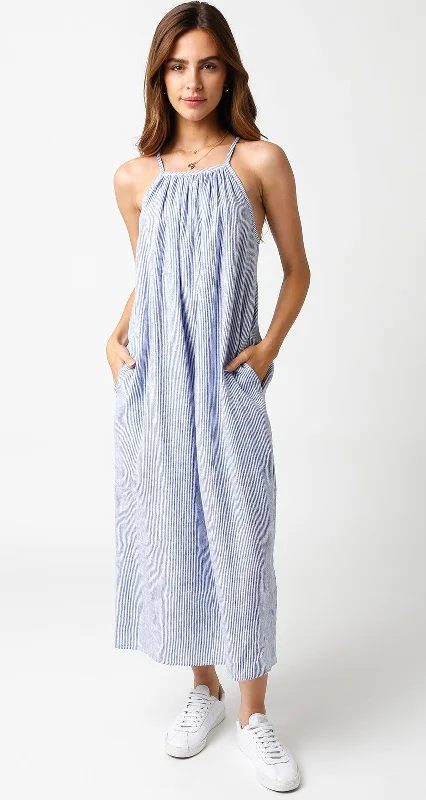 Women's midi dress flare pop -Blue Striped Linen Midi Dress