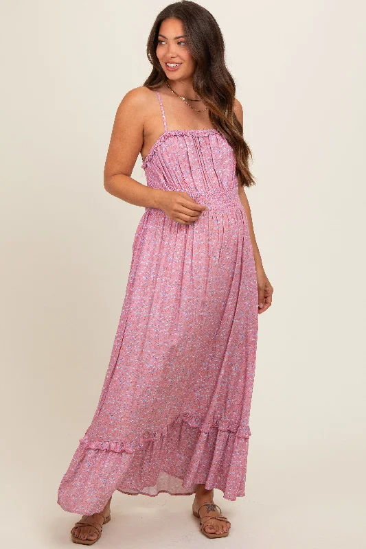 Women's floral dress off flair -Pink Floral Ruffle Square Neck Smocked Waist Maternity Maxi Dress