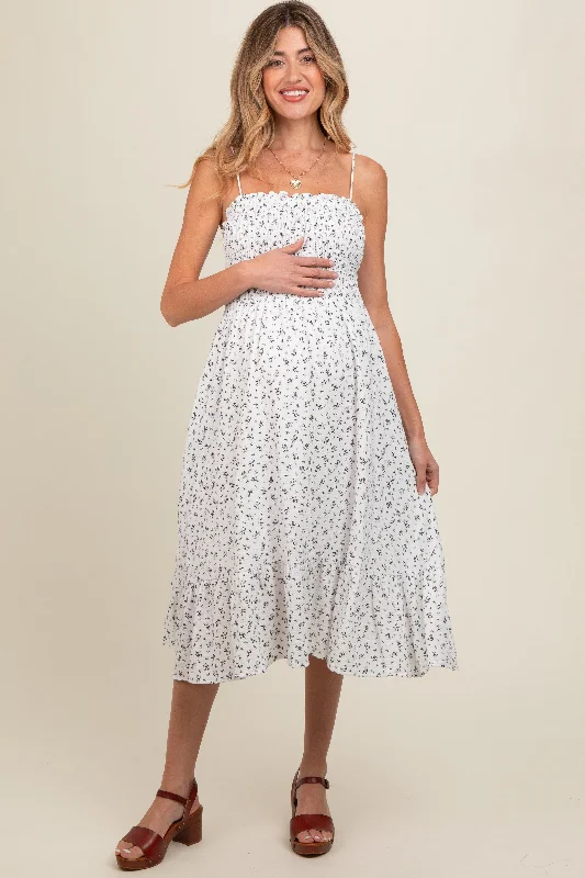 Women's midi dress ever glow -White Floral Smocked Sleeveless Maternity Midi Dress