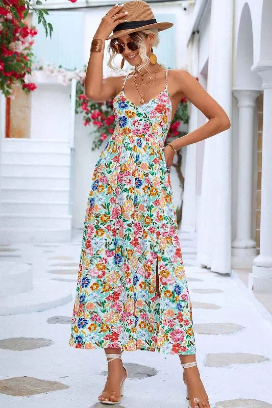 ladies-floral-dress-padded-poise-FLORAL V NECK SPAGHETTI STRAP SLIT DRESS