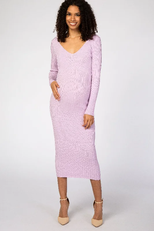 Women's floral dress night flair -Lavender V-Neck Long Sleeve Fitted Maternity Maxi Dress