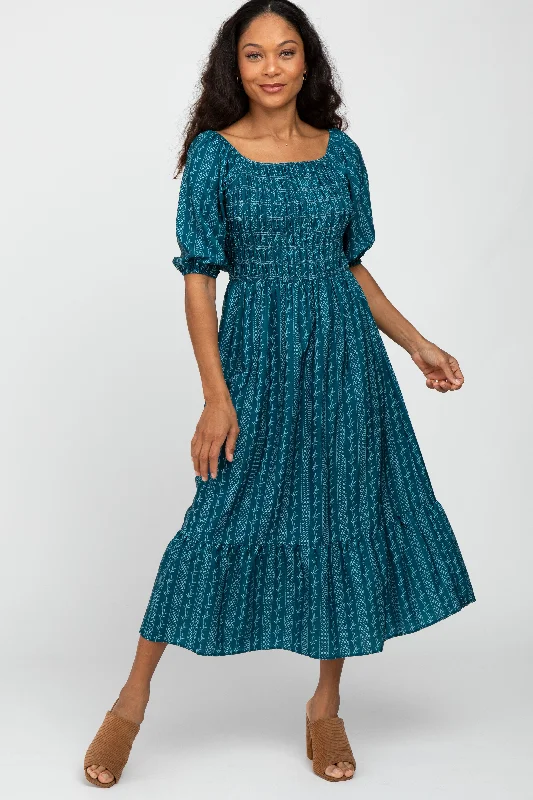 Women's midi dress wide chic -Teal Leaf Print Smocked Midi Dress