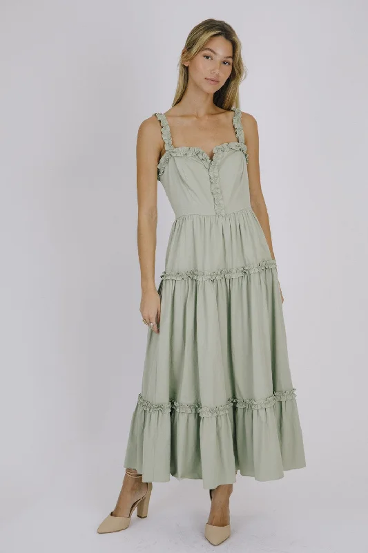 Women's midi dress pleat pop -Sage Monochromatic Ruffled Trim Midi Dress