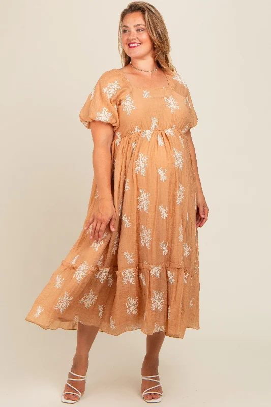 Women's midi dress easy flair -Camel Floral Print Ruffle Hem Maternity Plus Midi Dress