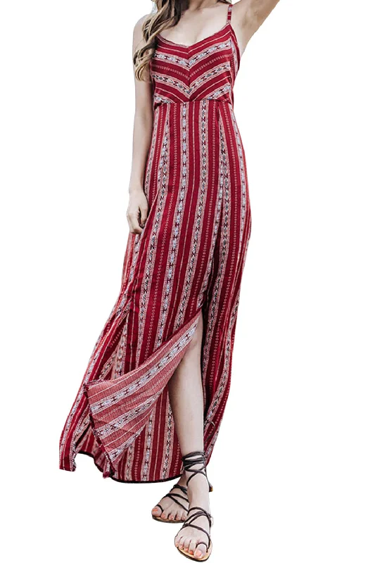 Women's floral dress thread glow -Iyasson Bohemian Stripe Beach Maxi Dress