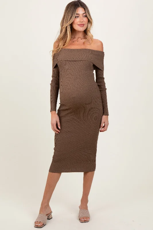 Women's midi dress knee flair -Brown Ribbed Knit Off Shoulder Fold Over Maternity Midi Dress