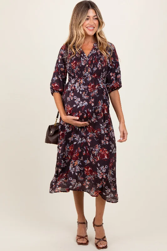 Women's midi dress band pop -Brown Floral Smocked Button Down Maternity Midi Dress