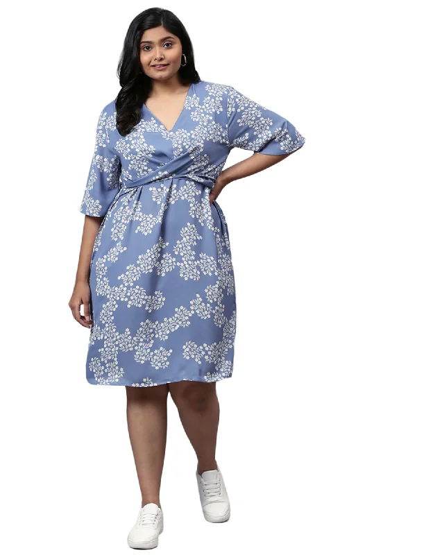 ladies-floral-dress-slate-silk-Floral Design Stylish Casual Dress- Dusty Blue | Dusty Blue