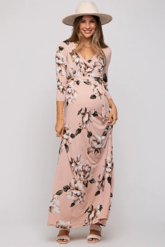 Women's floral dress drift bloom -Light Pink Floral Wrap Maternity Maxi Dress