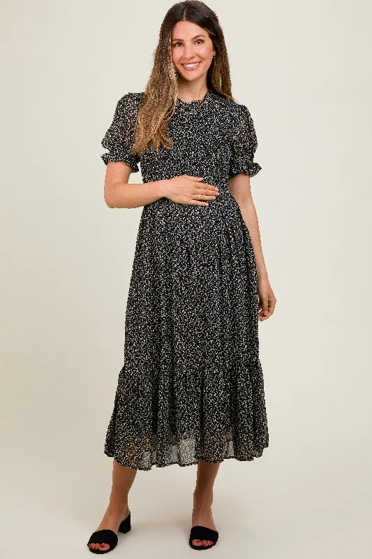 Women's midi dress grit pop -Black Printed Smocked Maternity Midi Dress