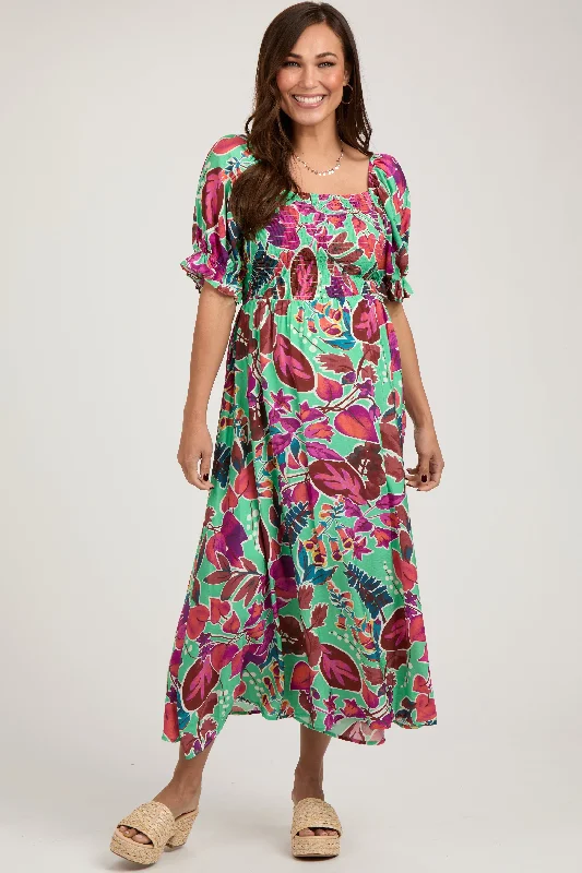 Women's floral dress rush bloom -Mint Green Floral Puff Sleeve Maternity Maxi Dress