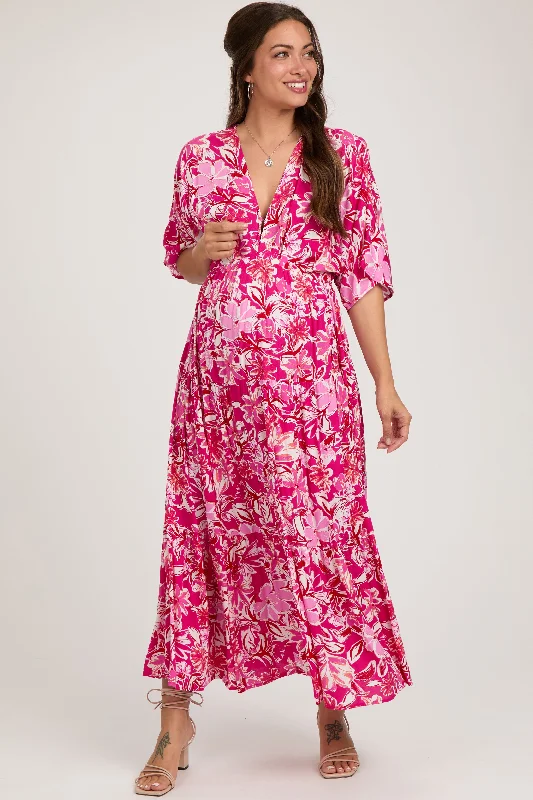 Women's floral dress free flair -Fuchsia Floral Dolman Sleeve Tiered Maternity Maxi Dress