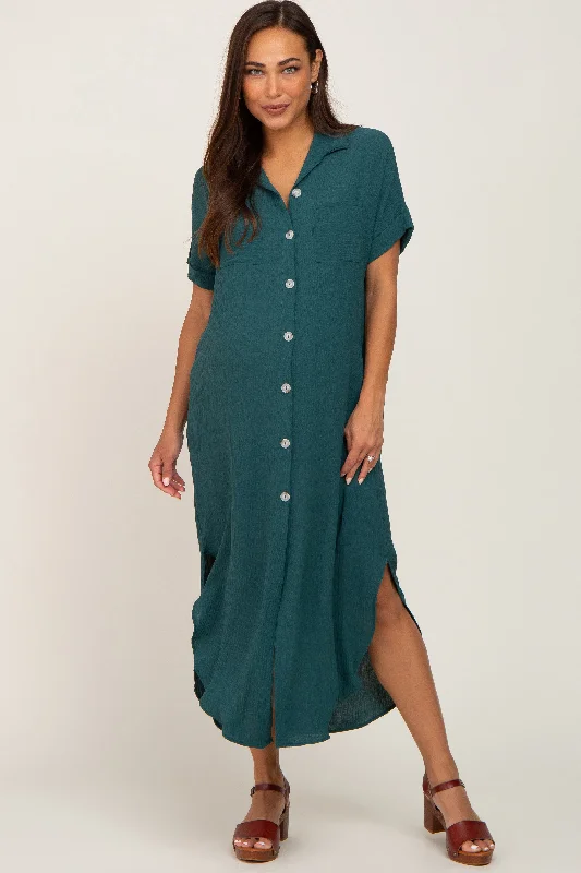 Women's floral dress sage pop -Forest Green Button Down Hi Low Maternity Maxi Dress