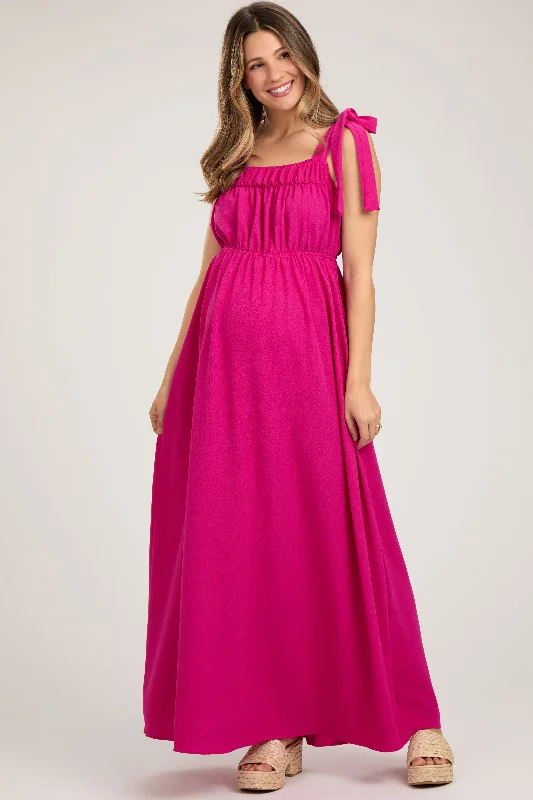 Women's floral dress egg glow -Fuchsia Square Neck Shoulder Tie Maternity Maxi Dress