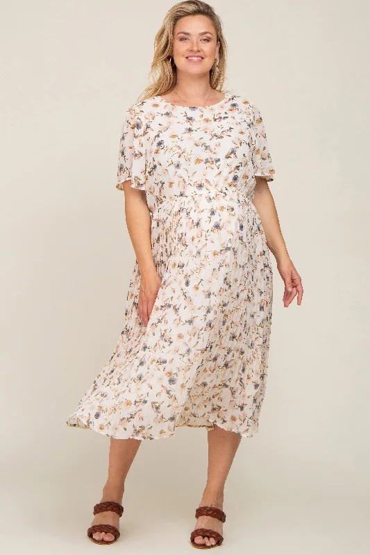 Women's midi dress knot glow -Ivory Floral Chiffon Pleated Short Sleeve Maternity Plus Midi Dress