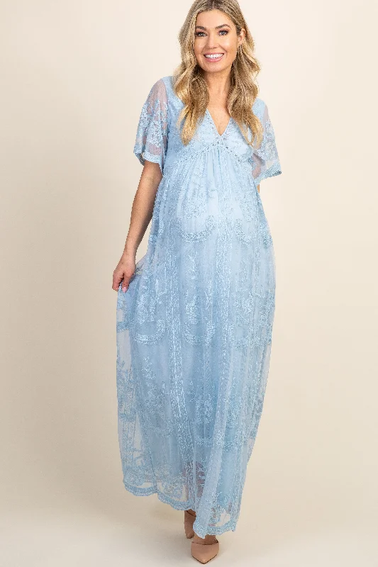 Women's floral dress spry pop -PinkBlush Light Blue Lace Mesh Overlay Maternity Maxi Dress