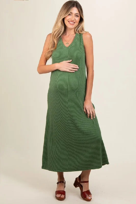 Women's floral dress snag chic -Green Sleeveless Ribbed Maternity Maxi Dress