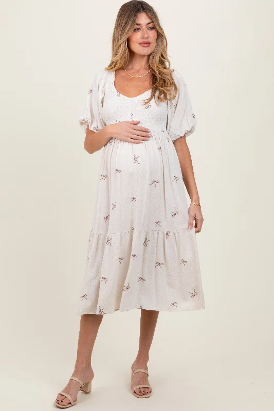 Women's midi dress bloom pop -Cream Ribbon Print Smocked Maternity Midi Dress