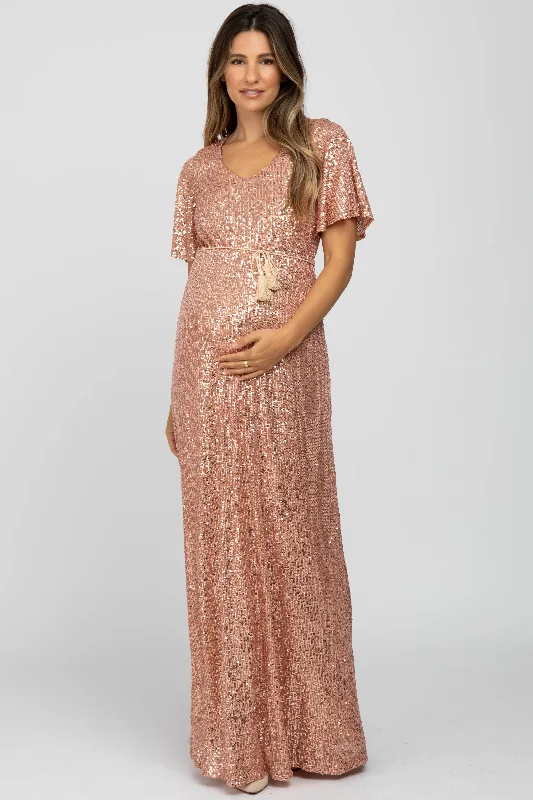 Women's floral dress citrus glow -Pink Sequin Short Sleeve Maternity Maxi Dress