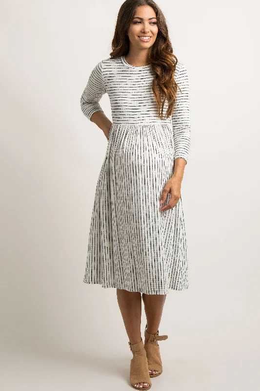 Women's midi dress bold hue -Ivory Ribbed Striped Maternity Midi Dress