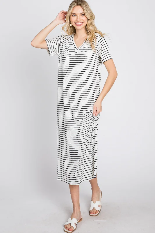 Women's midi dress hip glow -Ivory Striped Ribbed Midi Dress