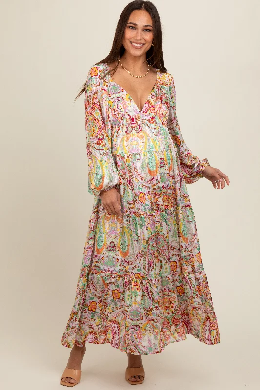 Women's floral dress bare chic -Multi-Color Floral Metallic Striped Tiered Long Puff Sleeve Maternity Maxi Dress