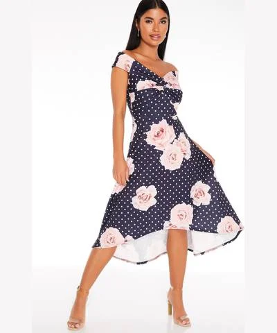 ladies-floral-dress-peach-petal-Navy Floral Polka Dot Dress