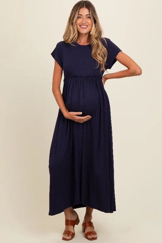 Women's floral dress lax glow -Navy Ruffle Trim Maternity Maxi Dress