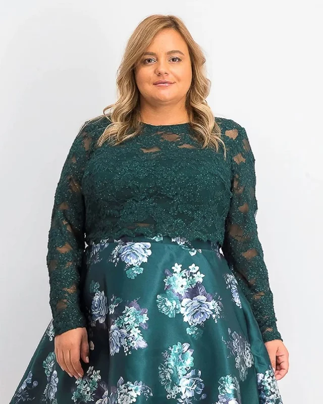 ladies-floral-dress-botanical-breeze-City Studios Women's Trendy Plus Size 2-Pc. Lace & Floral-Print Dress Dark Green Size 16W | Green