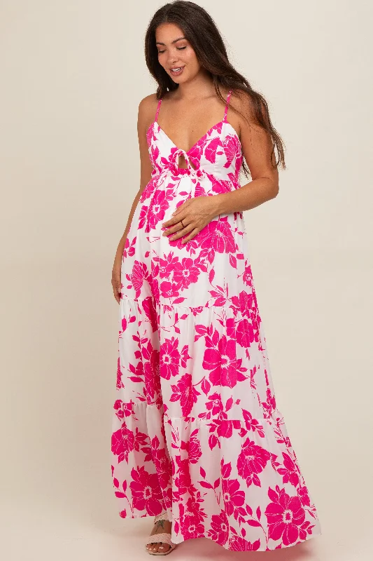 Women's floral dress star pop -Fuchsia Tropical Floral Open Back Maternity Maxi Dress