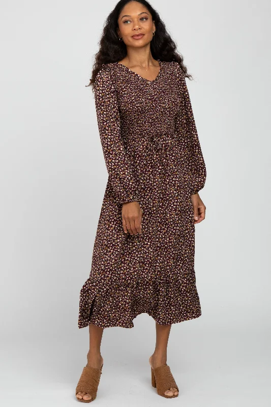 Women's midi dress core flair -Burgundy Floral Long Sleeve Smocked Midi Dress