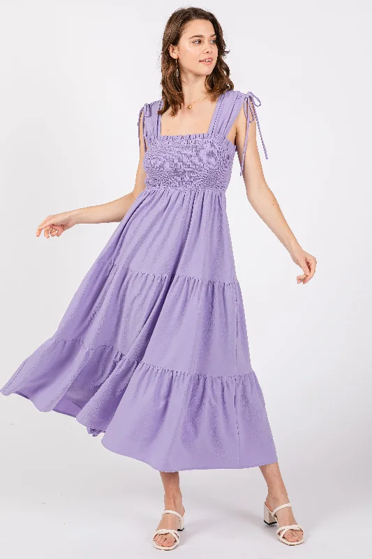 Women's midi dress wild glow -Lavender Smocked Sleeveless Drawstring Shoulder Tiered Midi Dress