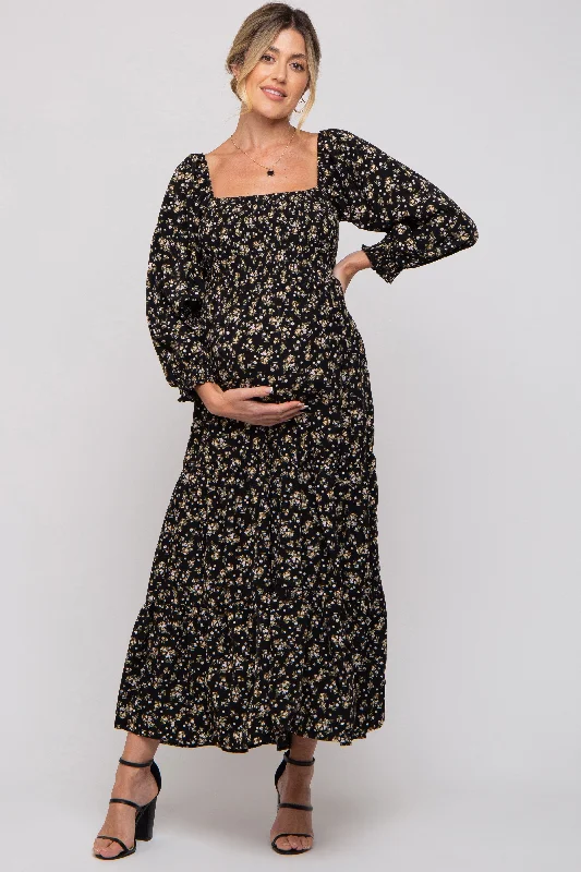 Women's floral dress snap bloom -Black Floral Smocked Long Sleeve Maternity Maxi Dress