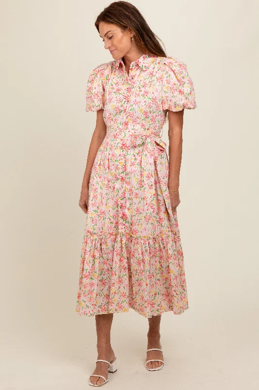 Women's midi dress snag chic -Pink Floral Puff Sleeve Button Down Midi Dress