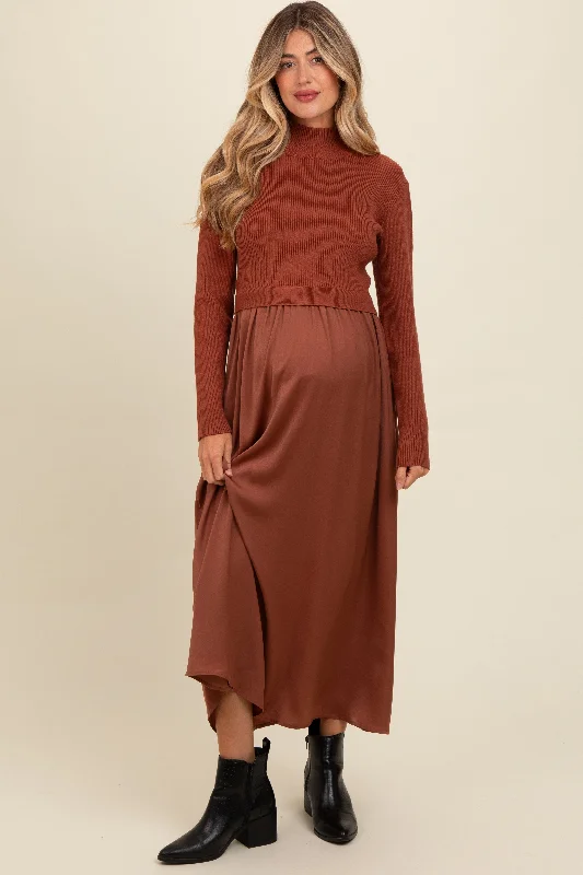 Women's midi dress chat chic -Brown Knit Contrast Top Satin Maternity Midi Dress