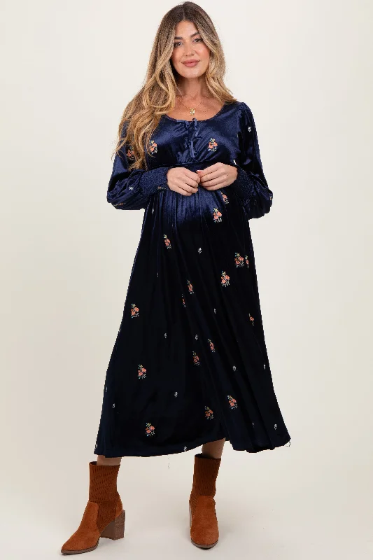 Women's midi dress wide flair -Navy Velvet Embroidered Floral Maternity Midi Dress