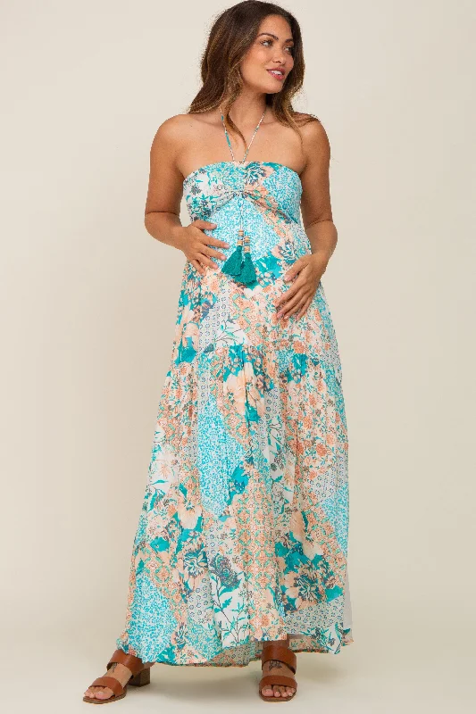 Women's floral dress feast pop -Jade Floral Halter Front Tie Maternity Maxi Dress