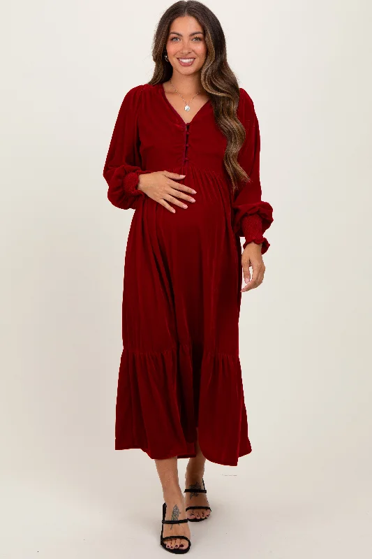 Women's midi dress still chic -Burgundy Velvet Button Accent Smocked Sleeve Maternity Midi Dress