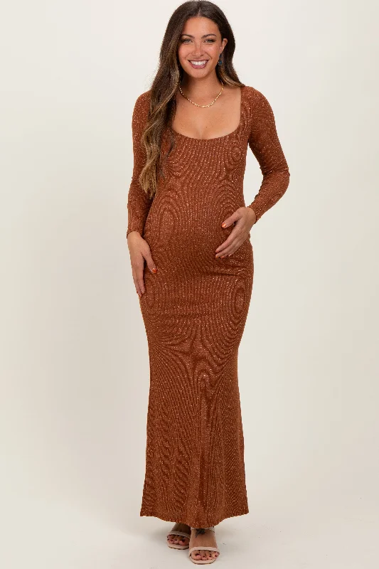 Women's floral dress flax glow -Mocha Basic Square Neck Long Sleeve Maternity Maxi Dress