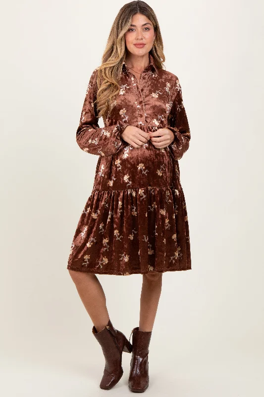 Women's midi dress dusk flair -Brown Floral Velvet Button Down Maternity Midi Dress