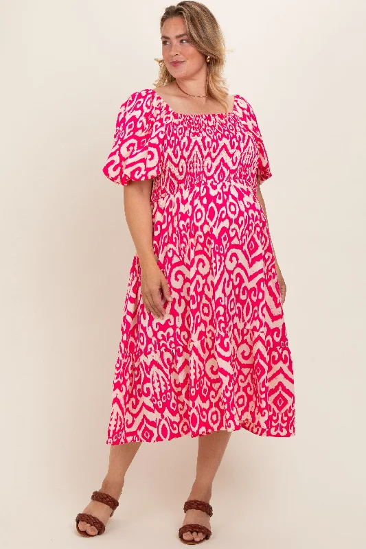 Women's midi dress lace glow -Fuchsia Printed Smocked Puff Sleeve Plus Maternity Midi Dress