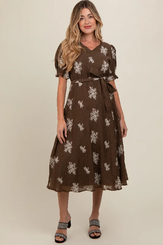 Women's midi dress neat pop -Brown Embroidered Sash Tie Maternity Midi Dress