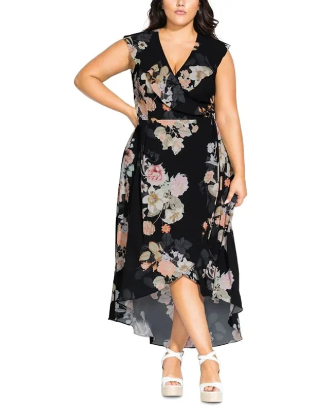 ladies-floral-dress-off-shoulder-rose-City Chic Women's Plus Floral Knot Front Wrap Dress Black Size 18W | Black