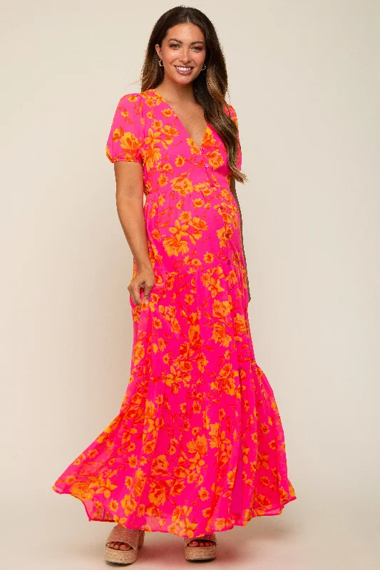 Women's floral dress zesty bloom -Neon Pink Floral Front Button Tiered Maternity Maxi Dress