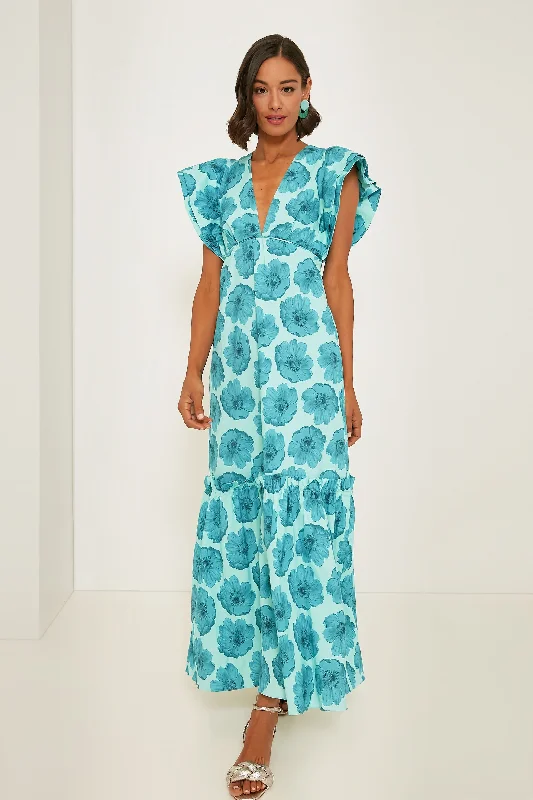 ladies-floral-dress-relaxed-rose-Turquoise Floral Classic Ruffled Long Dress