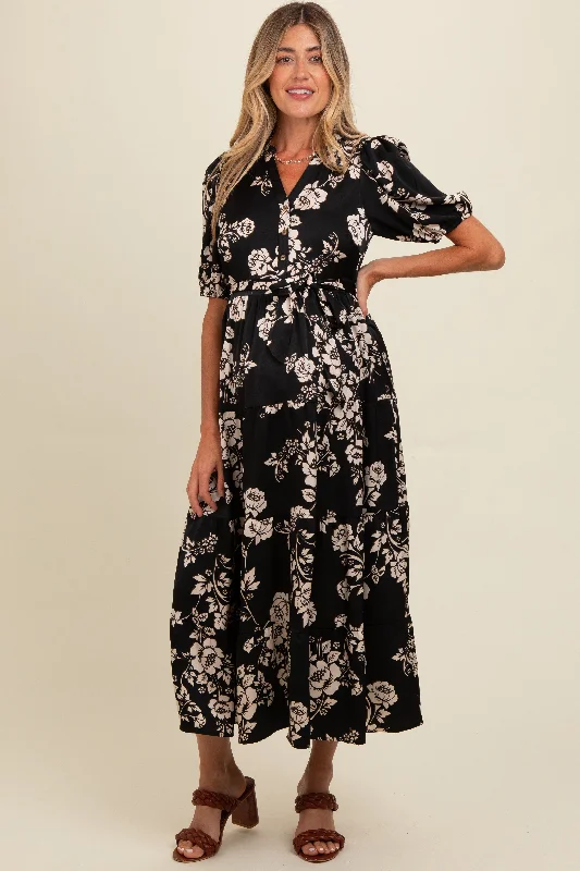 Women's midi dress blush flair -Black Floral Button Down Front Tie Maternity Midi Dress