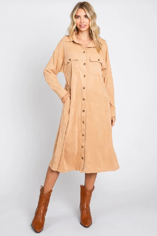 Women's midi dress knee flair -Camel Knit Corduroy Button Down Midi Dress