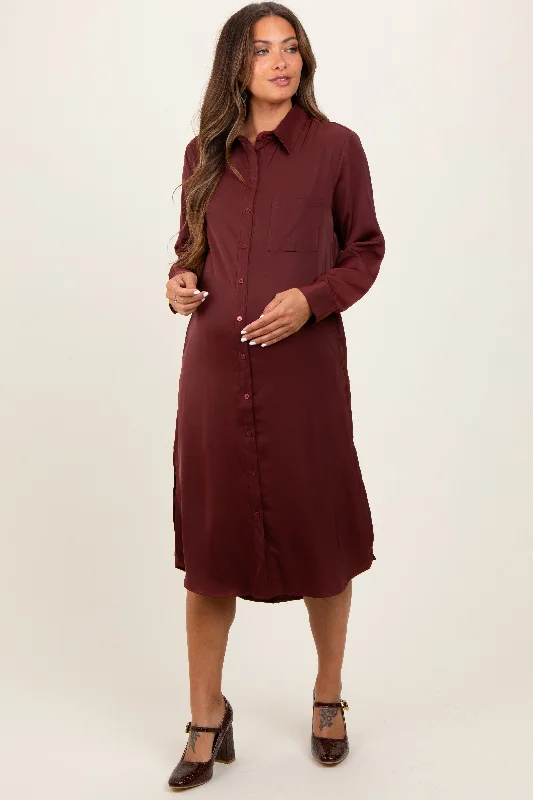 Women's midi dress field chic -Rust Long Sleeve Maternity Midi Shirt Dress