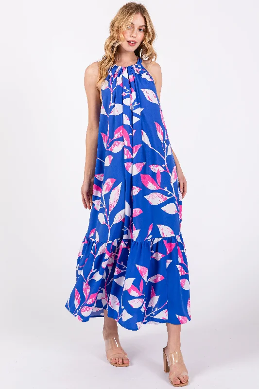 Women's midi dress geo glow -Blue Halter Leaf Print Midi Dress